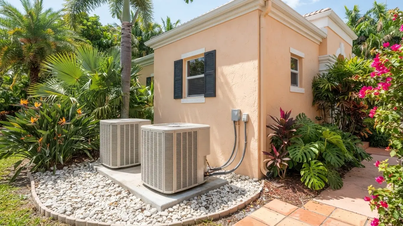 Two new outdoor AC condenser units beside a Miami-area stucco home with tropical landscaping