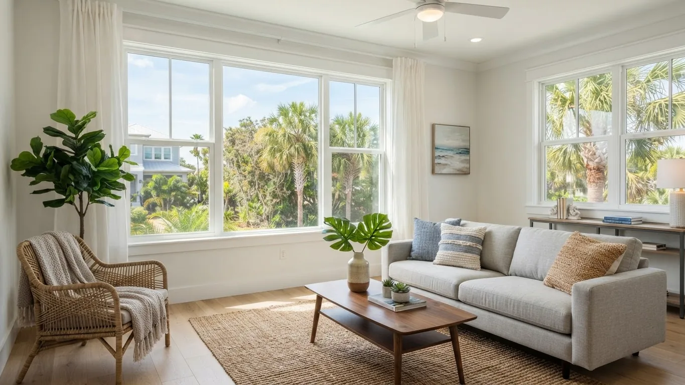 Bright Florida living room with large new energy-efficient windows and palm trees outside
