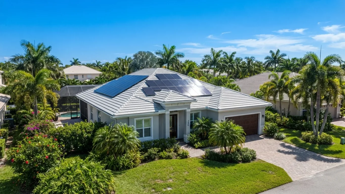 Black solar panels on the roof of a South Florida home surrounded by palm trees