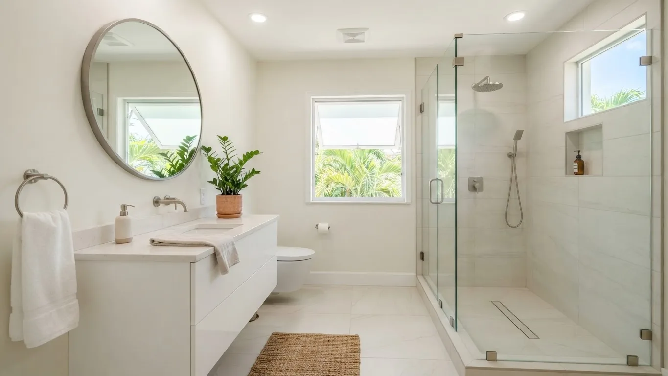Remodeled South Florida bathroom with frameless glass shower, light porcelain tile and floating vanity
