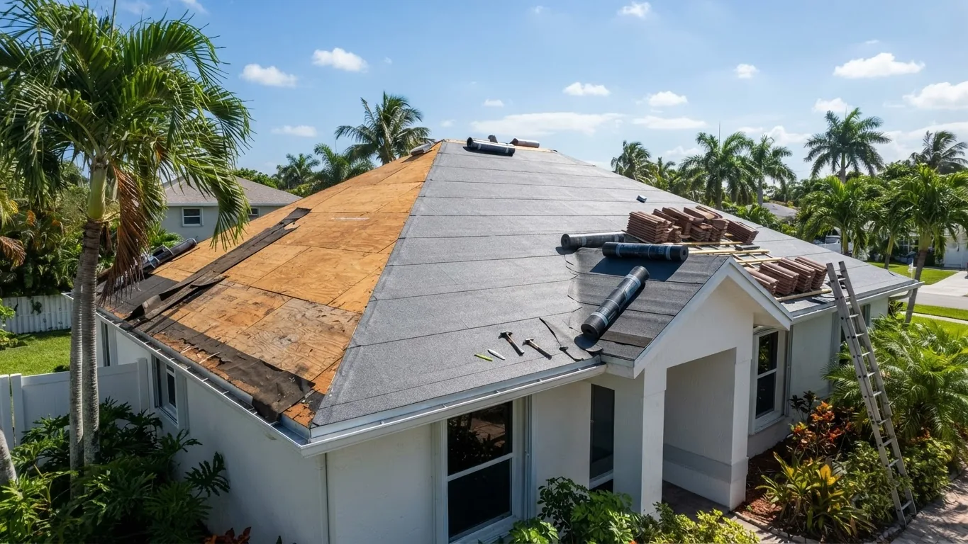 South Florida roof mid-replacement with secondary water barrier underlayment over the decking