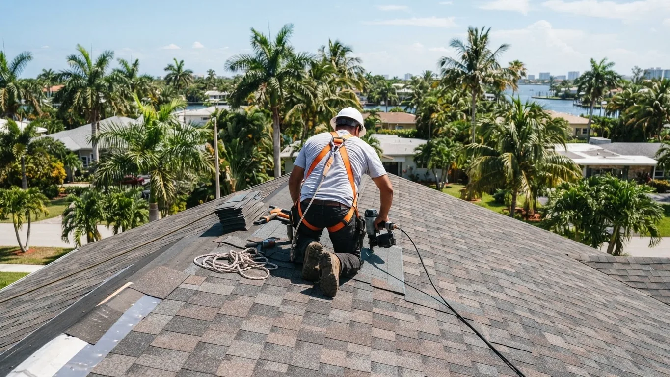 Roofer in a hard hat installing new shingles on a South Florida home