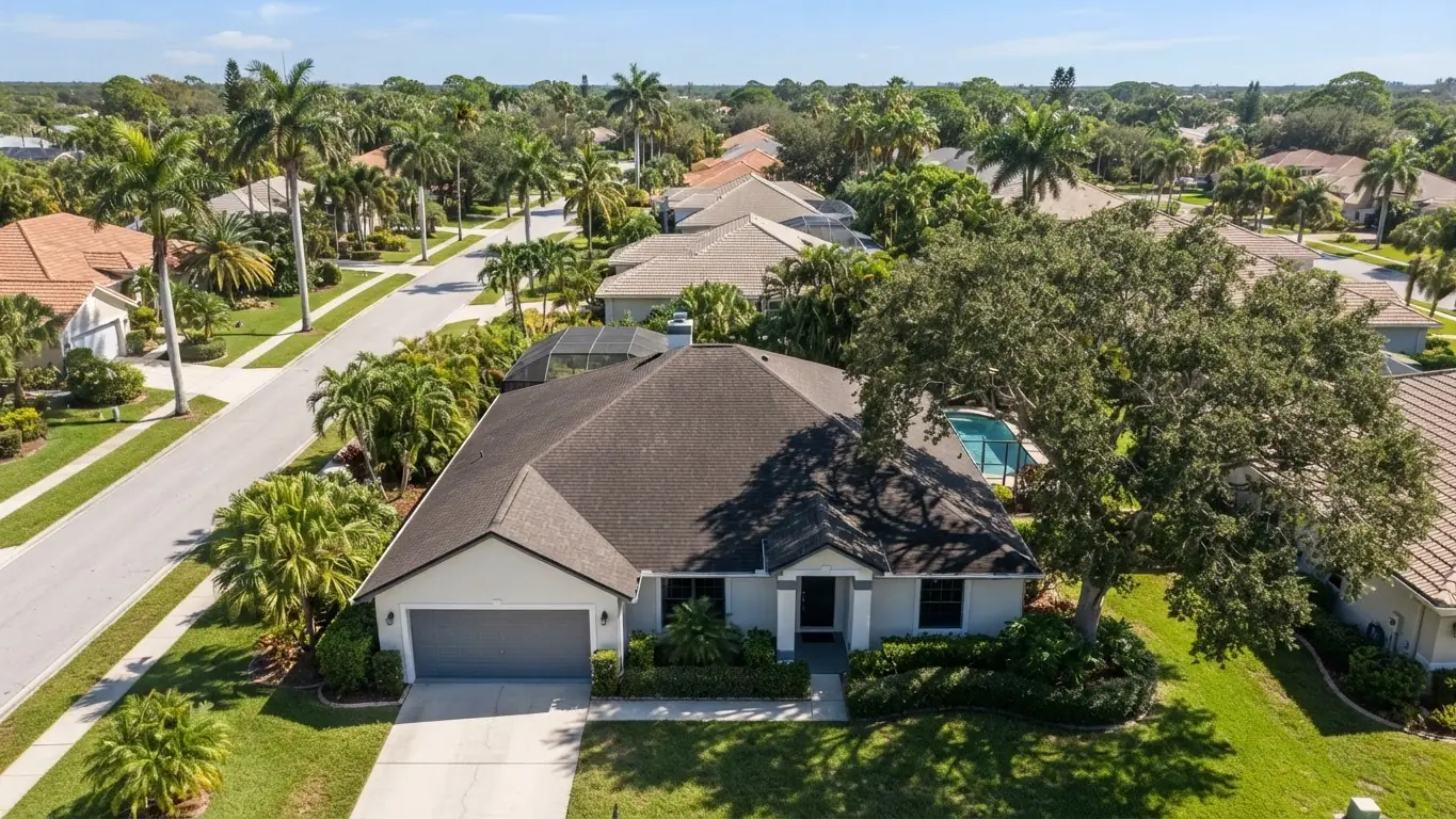 Aerial view of a Florida home roof partly shaded by an oak tree in a palm-lined neighborhood