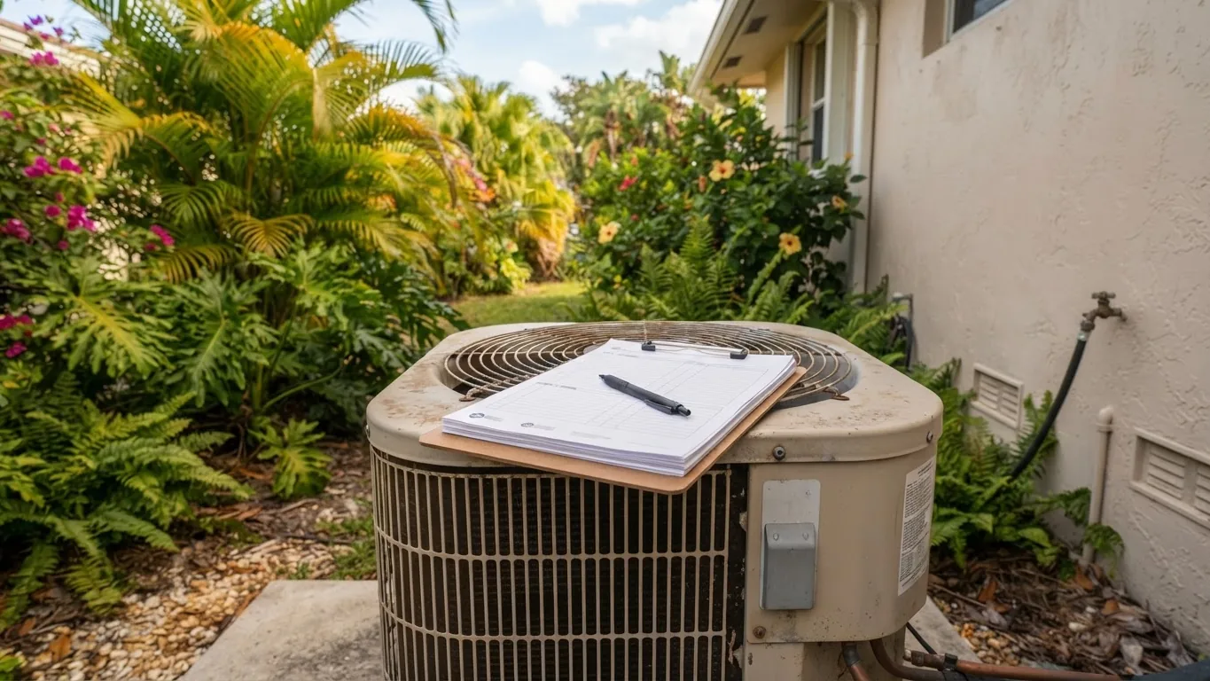 Maintenance checklist clipboard resting on an outdoor AC condenser at a South Florida home