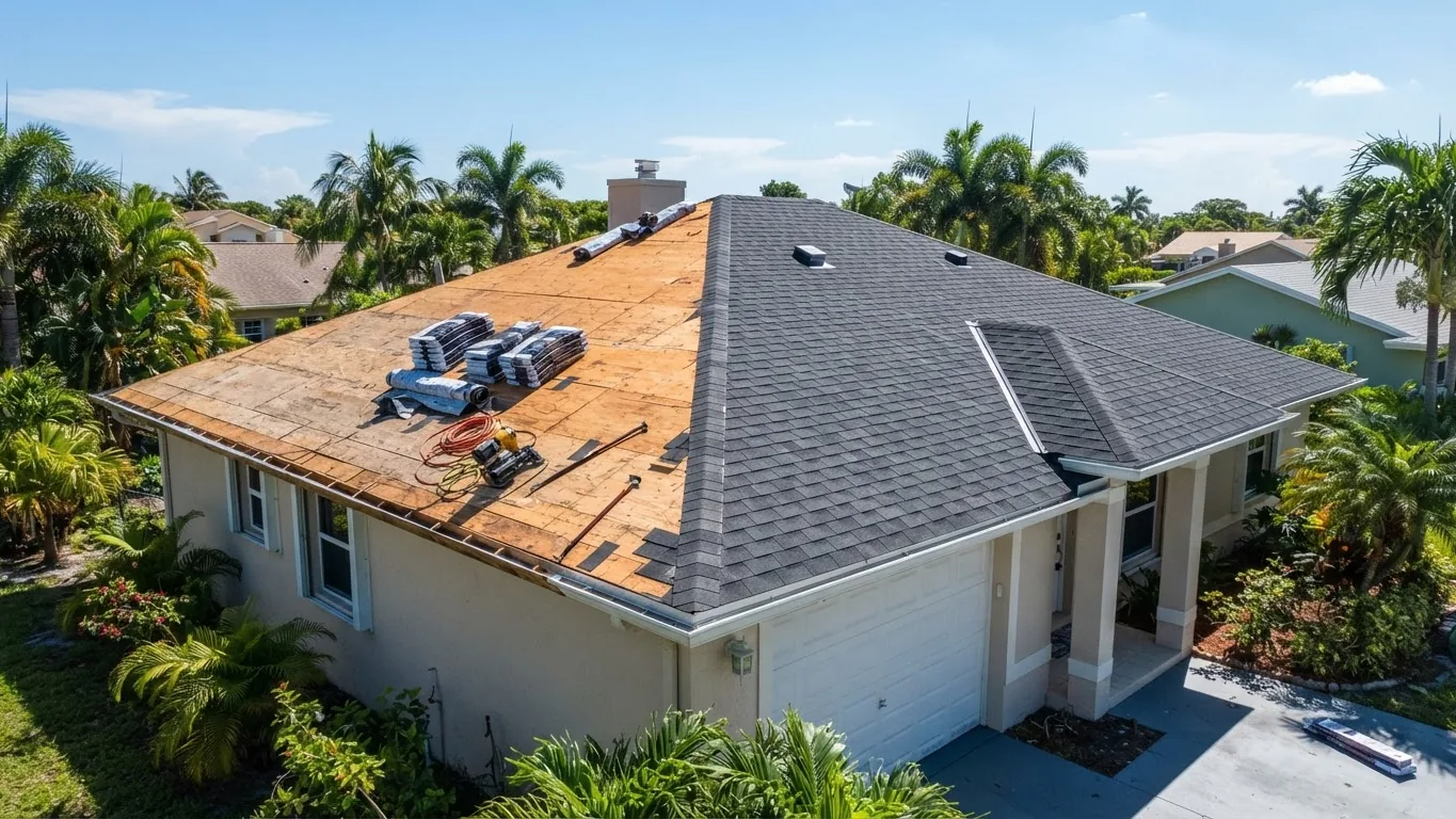 Partially re-roofed Florida house with new shingles on one section and bare decking on another