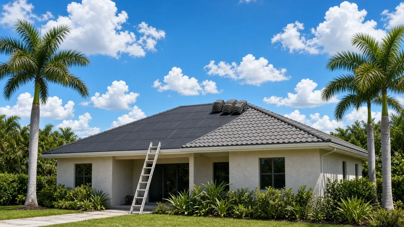 Illustrative South Florida home mid re-roof, with new self-adhered underlayment on one side and new concrete tiles on the other