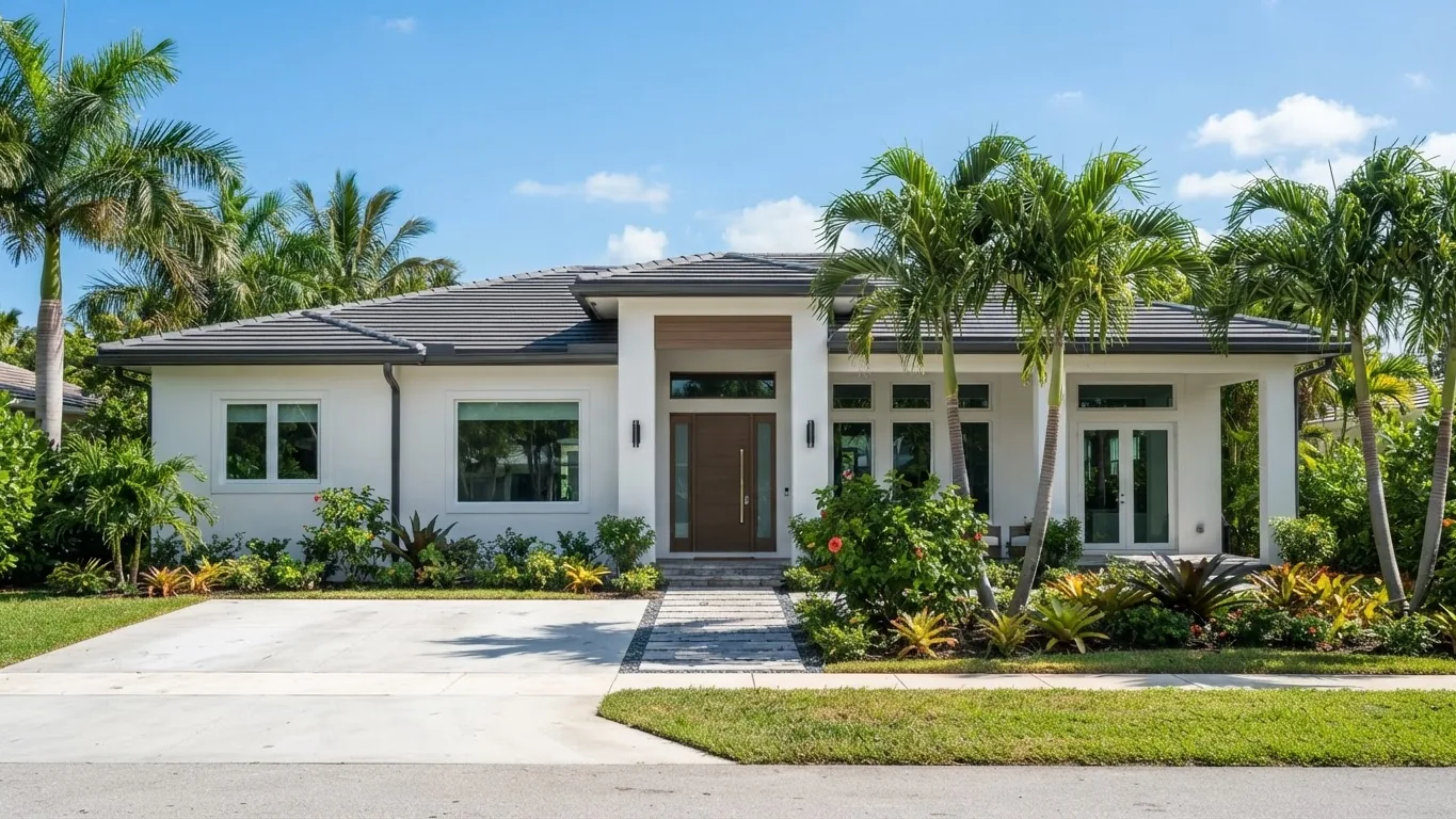 Single-story modern South Florida home with palm trees and a landscaped front yard