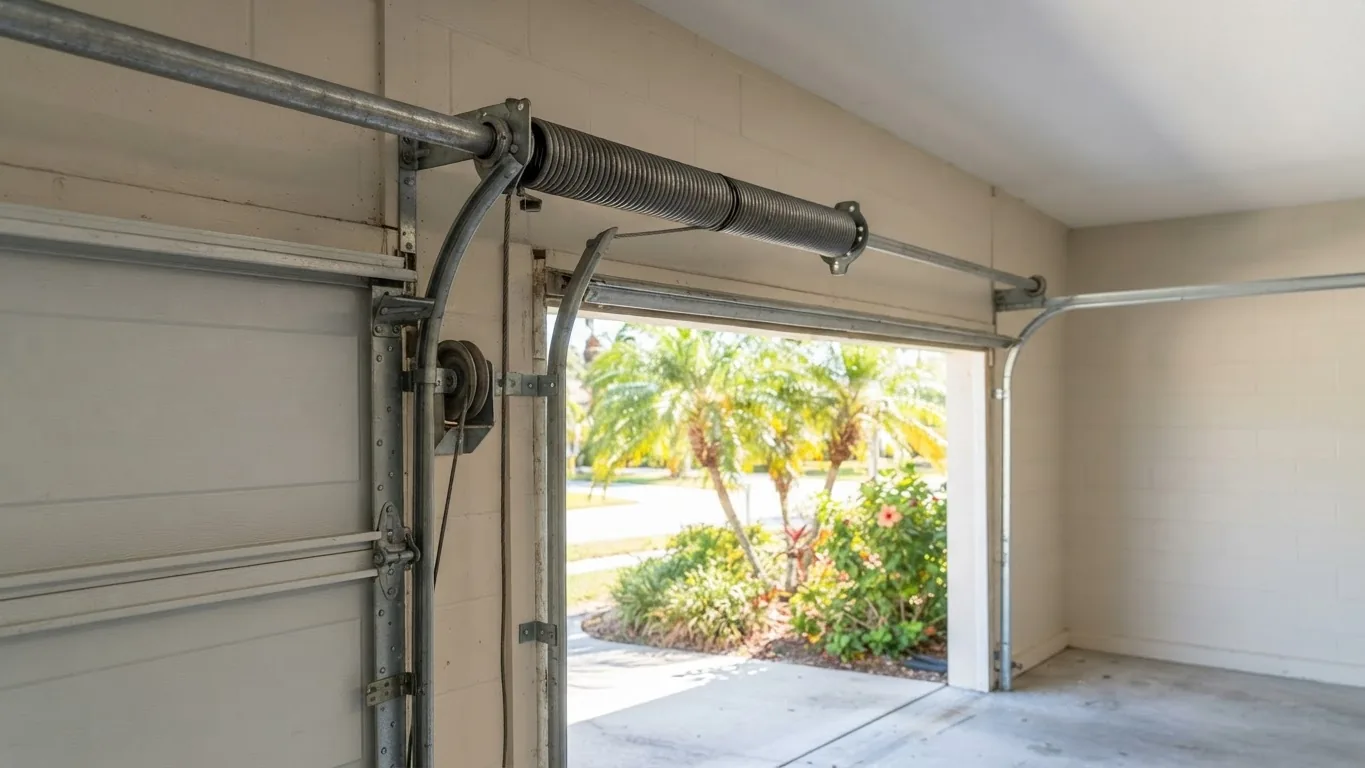 Garage door torsion spring, rollers and track inside a Florida garage