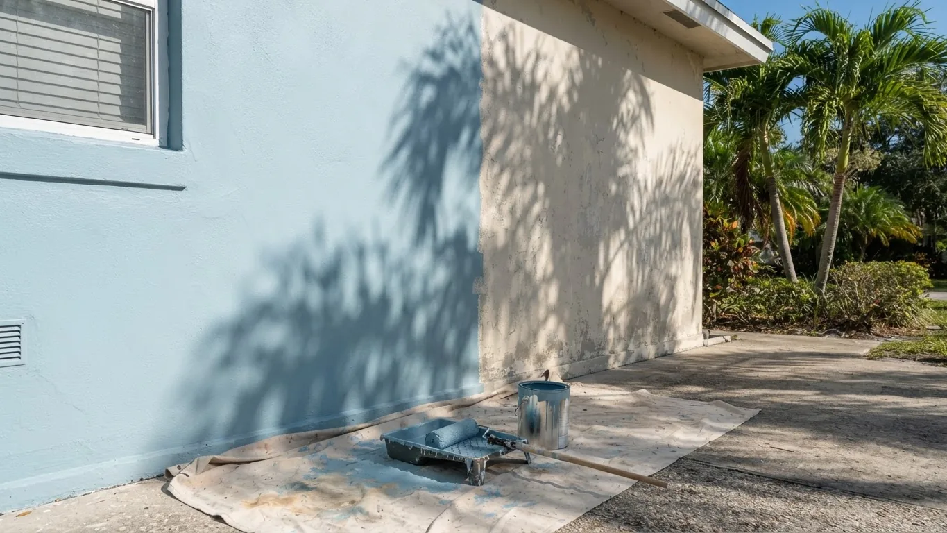 Stucco wall half freshly painted with a roller and tray at the base