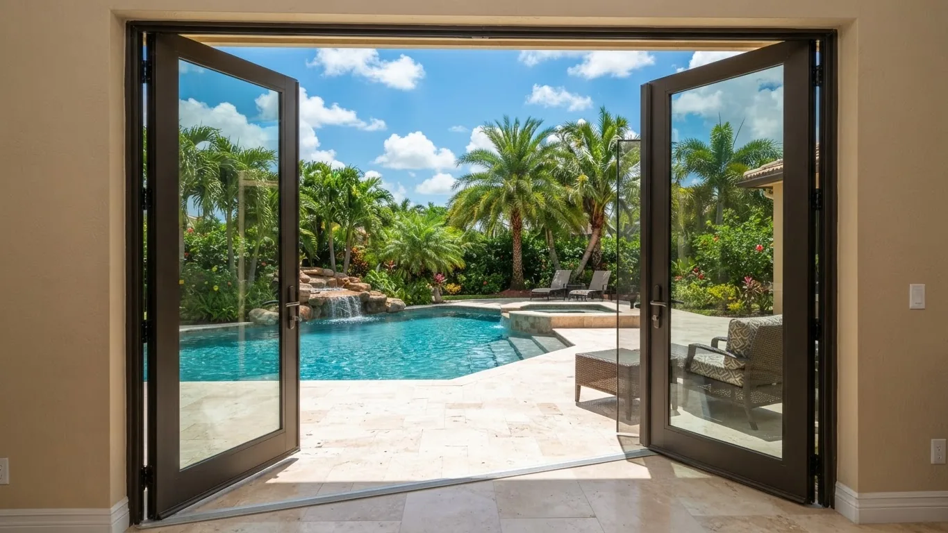 Impact-rated glass French doors opening onto a pool patio in South Florida