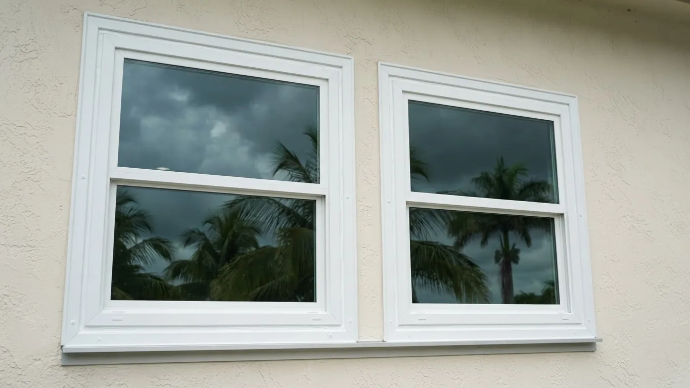 White-framed hurricane impact windows on a South Florida home with storm clouds approaching