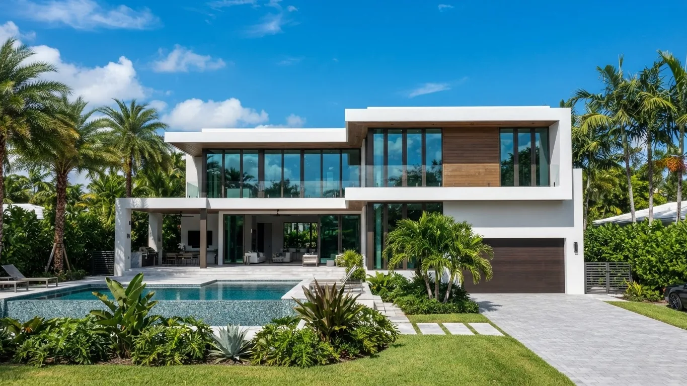Modern Miami home with floor-to-ceiling impact windows and dark bronze frames