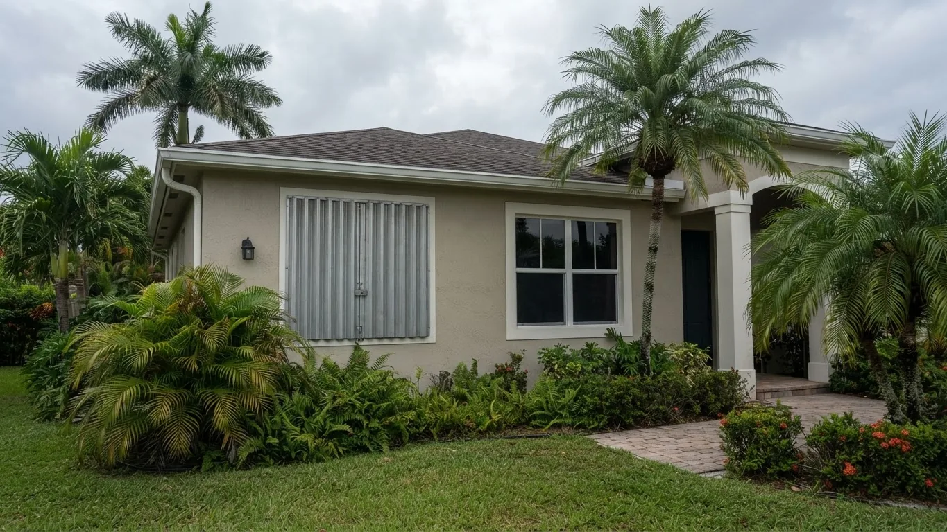 Florida home with one window behind aluminum hurricane shutters next to an impact window