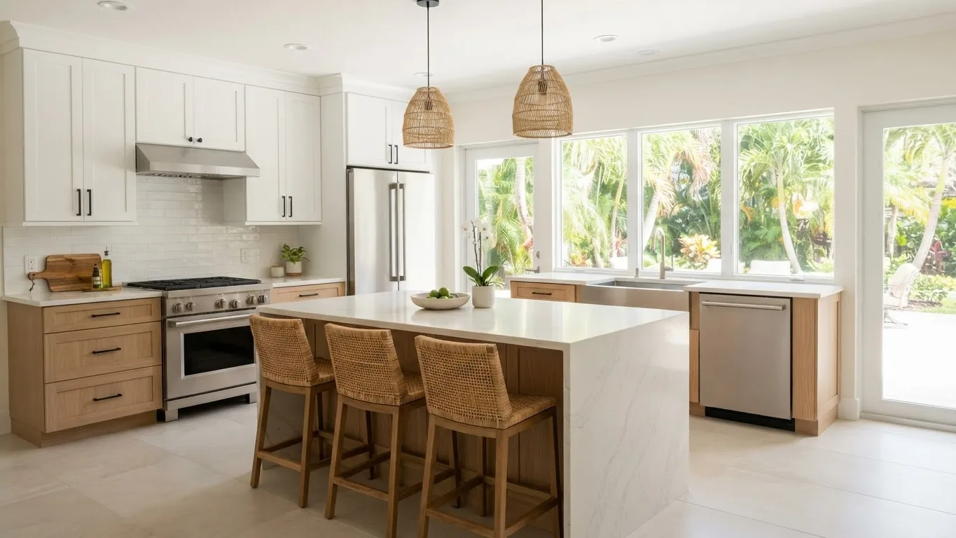 Newly remodeled Florida kitchen with two-tone cabinets and a quartz waterfall island