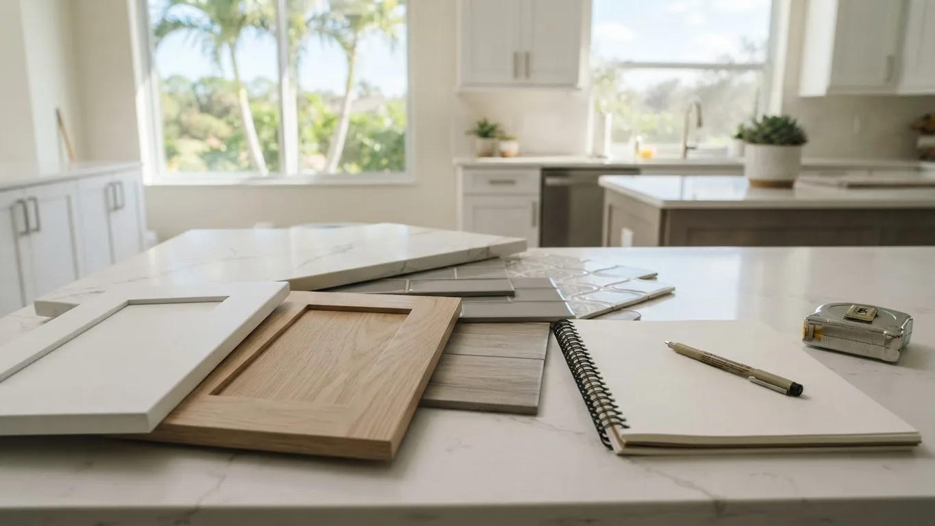 Cabinet door samples, countertop swatches and a tape measure laid out for kitchen remodel planning