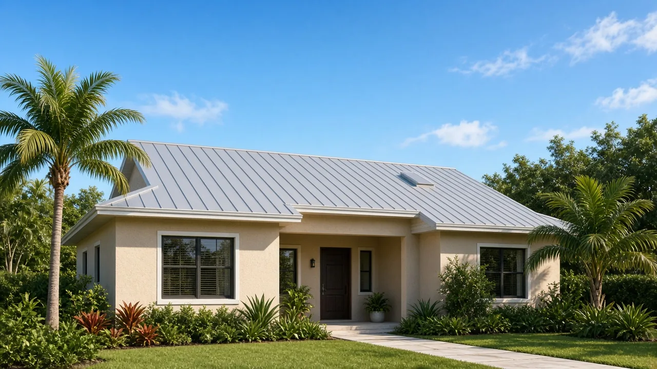 South Florida stucco home with a new light gray standing-seam metal roof and palm trees