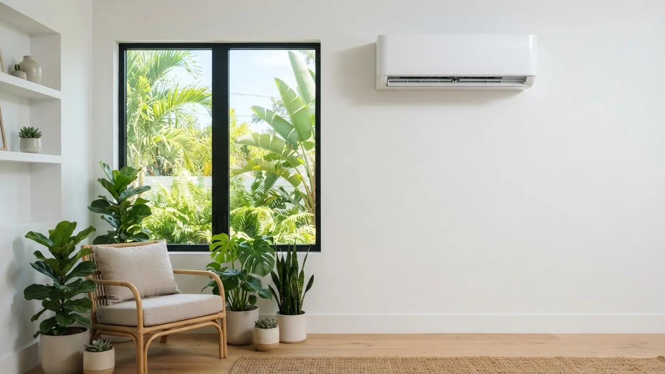 Ductless mini-split air conditioner mounted on a wall in a bright Florida living room