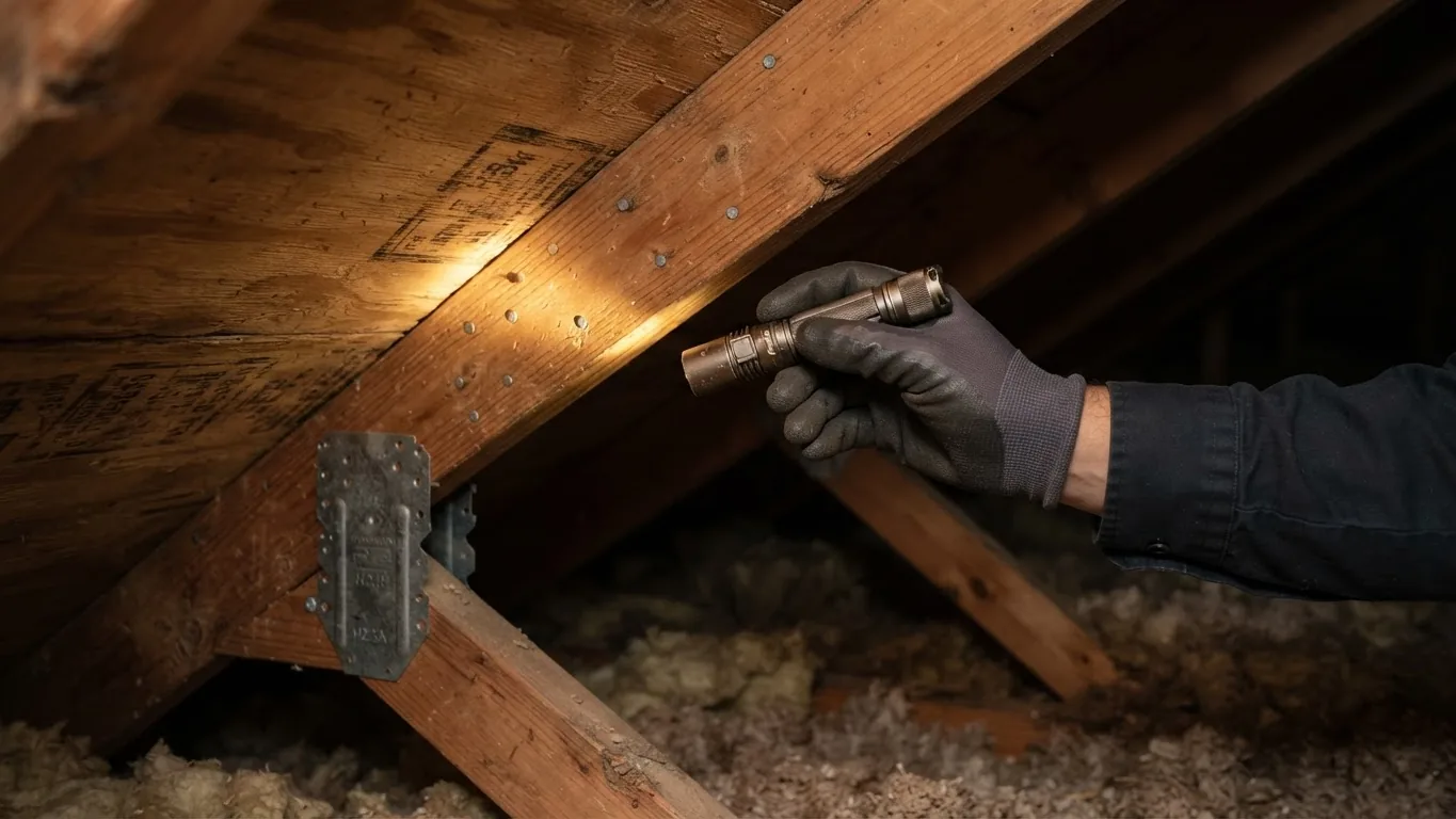 Inspector's gloved hand checking roof deck attachment in a Florida attic