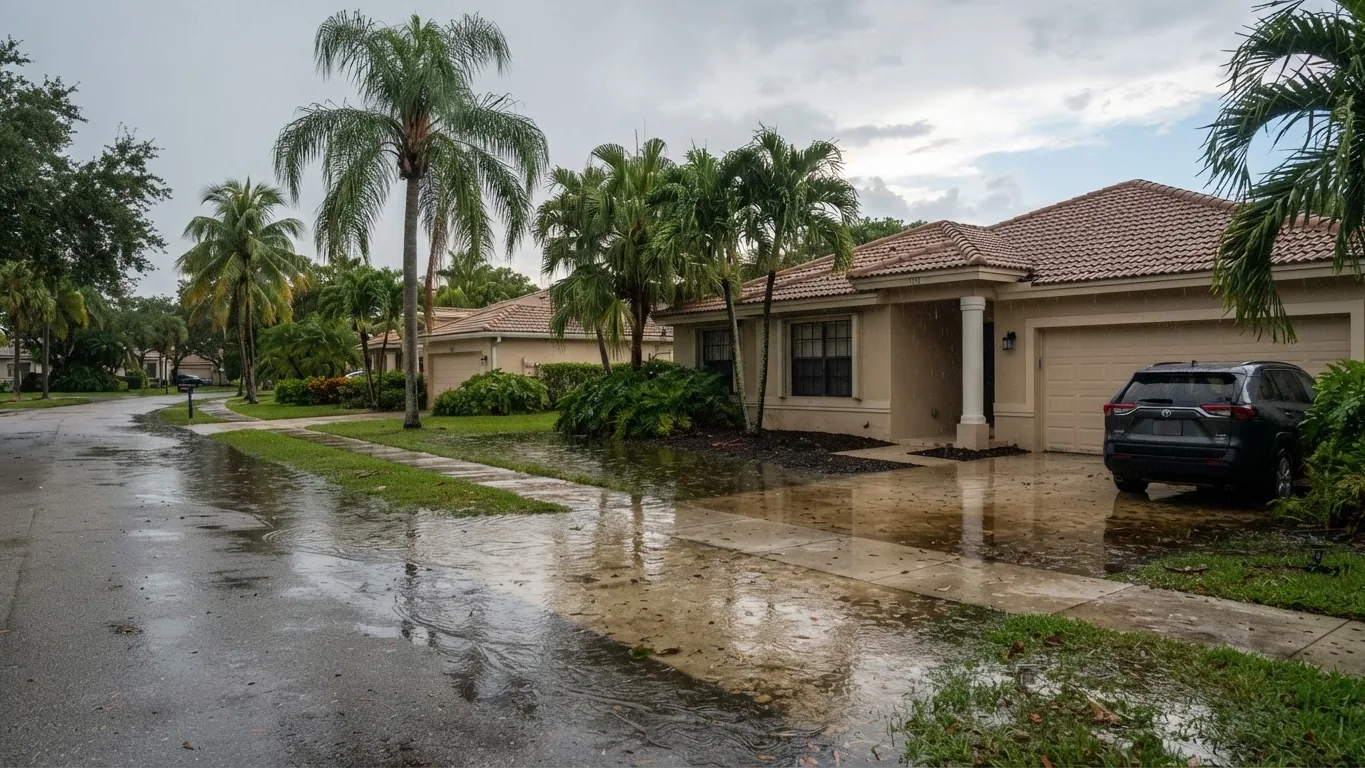 Floodwater pooling across the driveway and lawn of a South Florida home after heavy rain