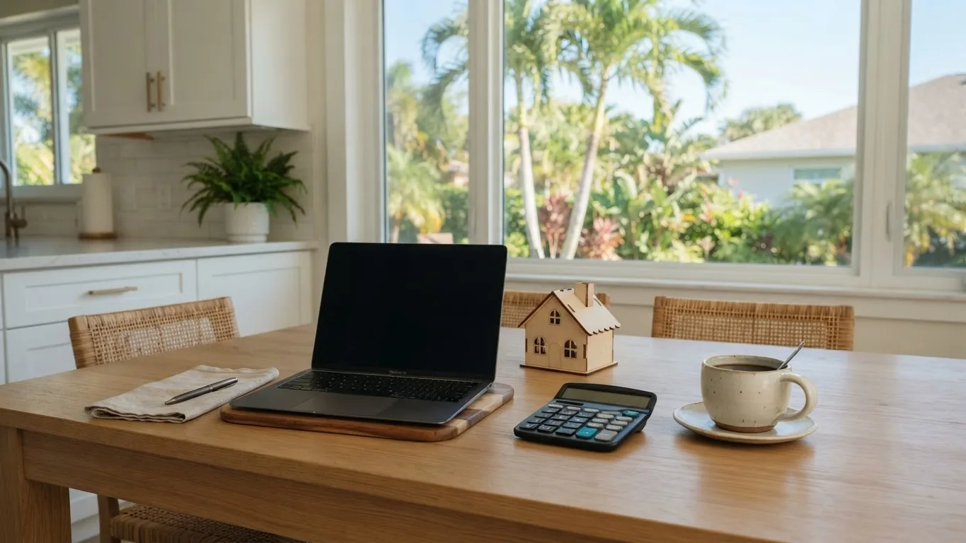 Laptop, calculator and small house model on a kitchen table for renovation budget planning