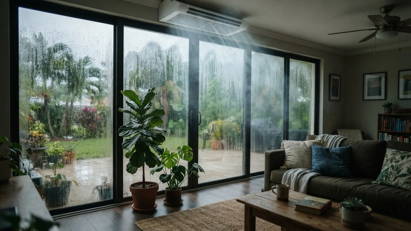 Florida living room with condensation on the windows on a humid day while the AC runs