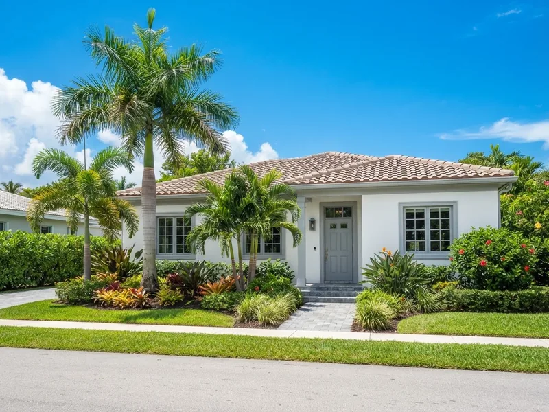 After: freshly painted white stucco home with gray trim