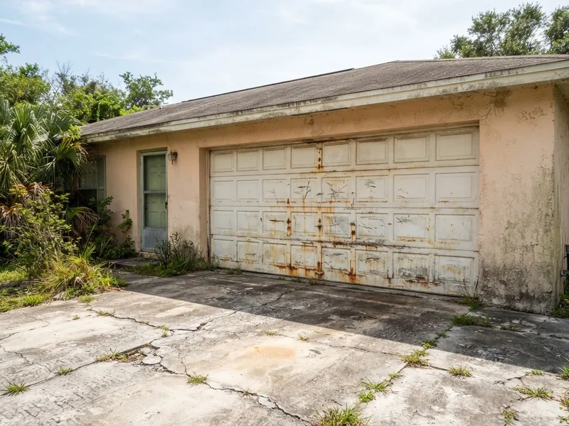 Before: dented, rusty old garage door