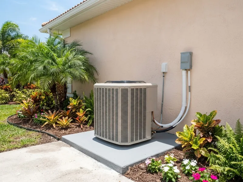 After: new AC condenser on a fresh concrete pad