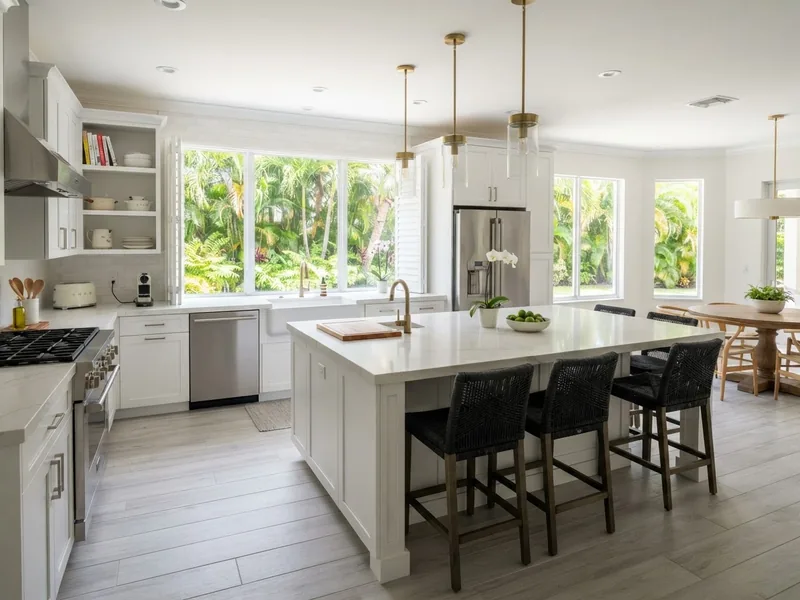 After: bright remodeled kitchen with white cabinets and quartz island
