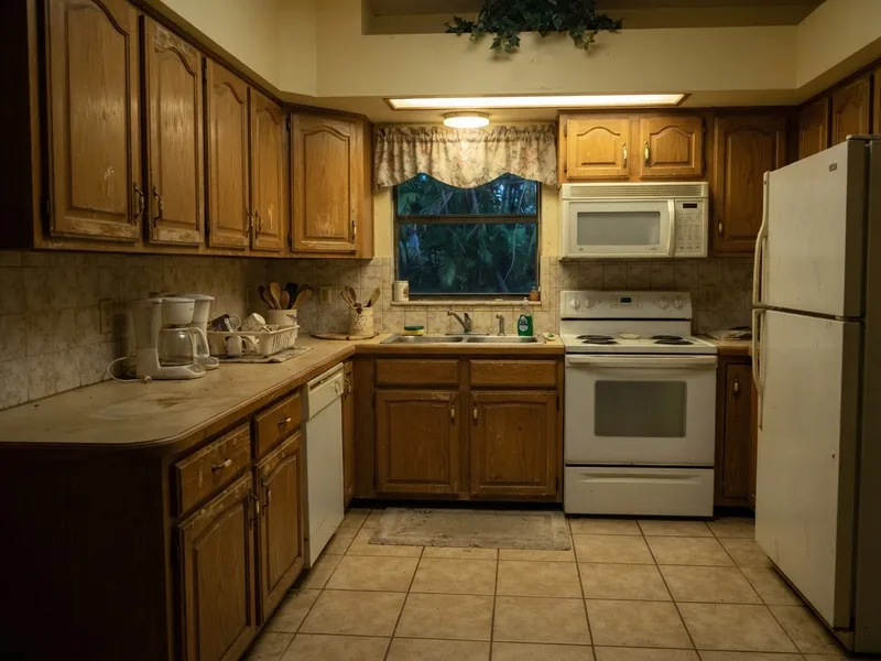 Before: dated kitchen with oak cabinets and laminate countertops