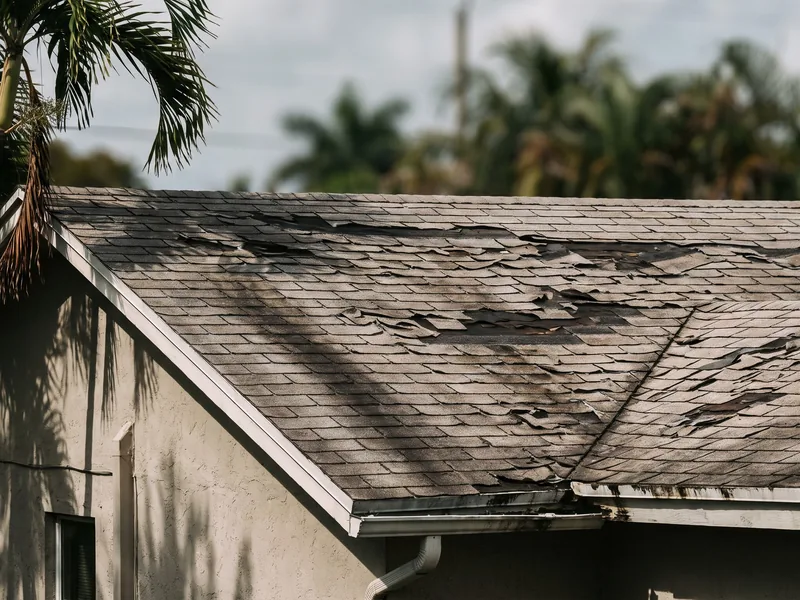 Before: aging asphalt shingle roof with missing shingles
