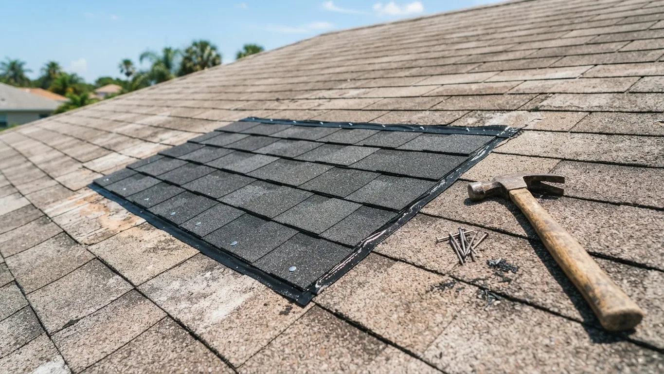 Patch of replaced shingles next to weathered shingles on a Florida roof, with a hammer