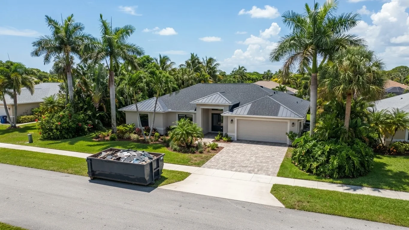 South Florida home with a newly completed dark gray shingle roof and a dumpster at the curb