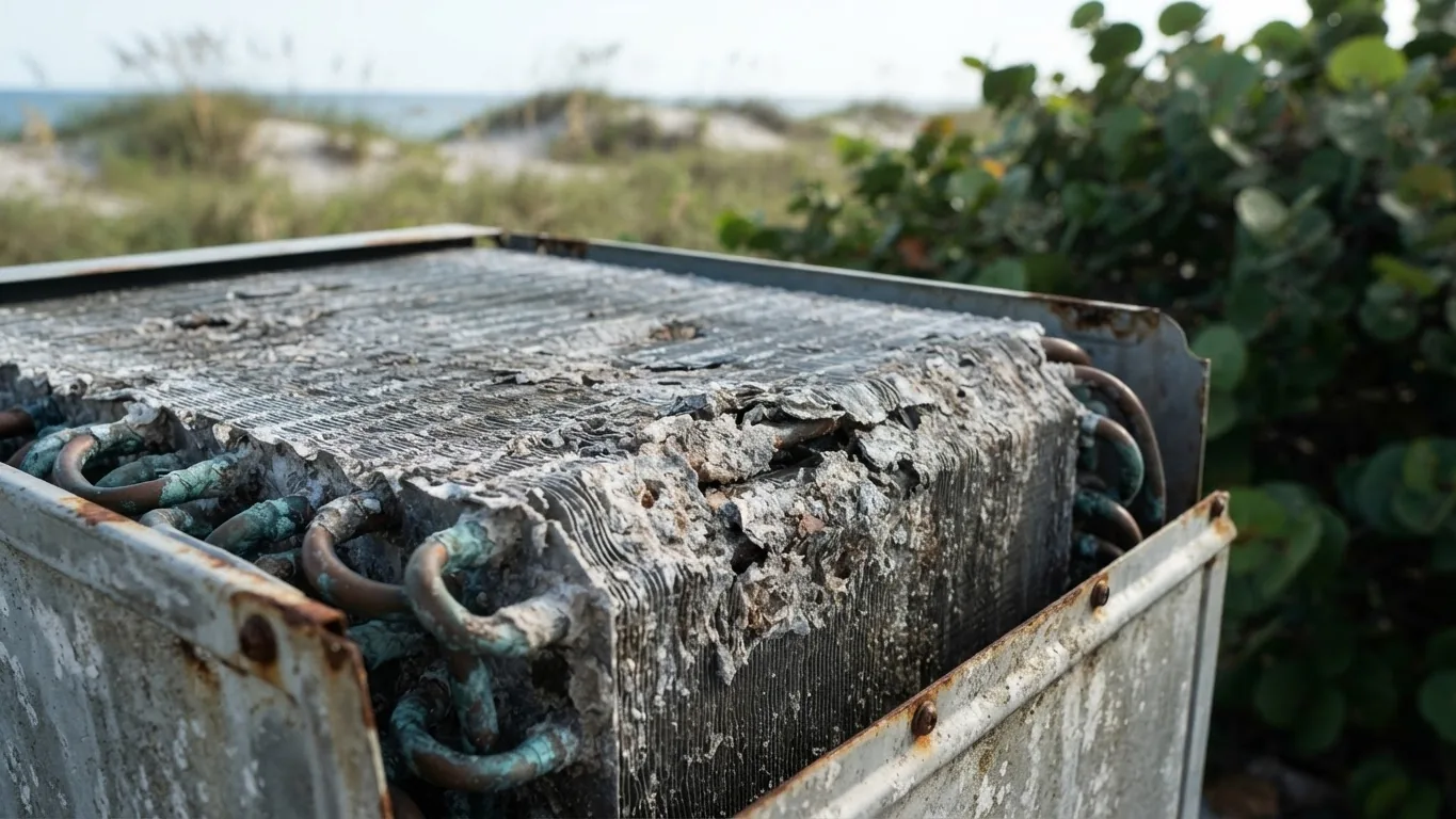 Close-up of salt-corroded AC condenser coils near the beach in coastal Florida