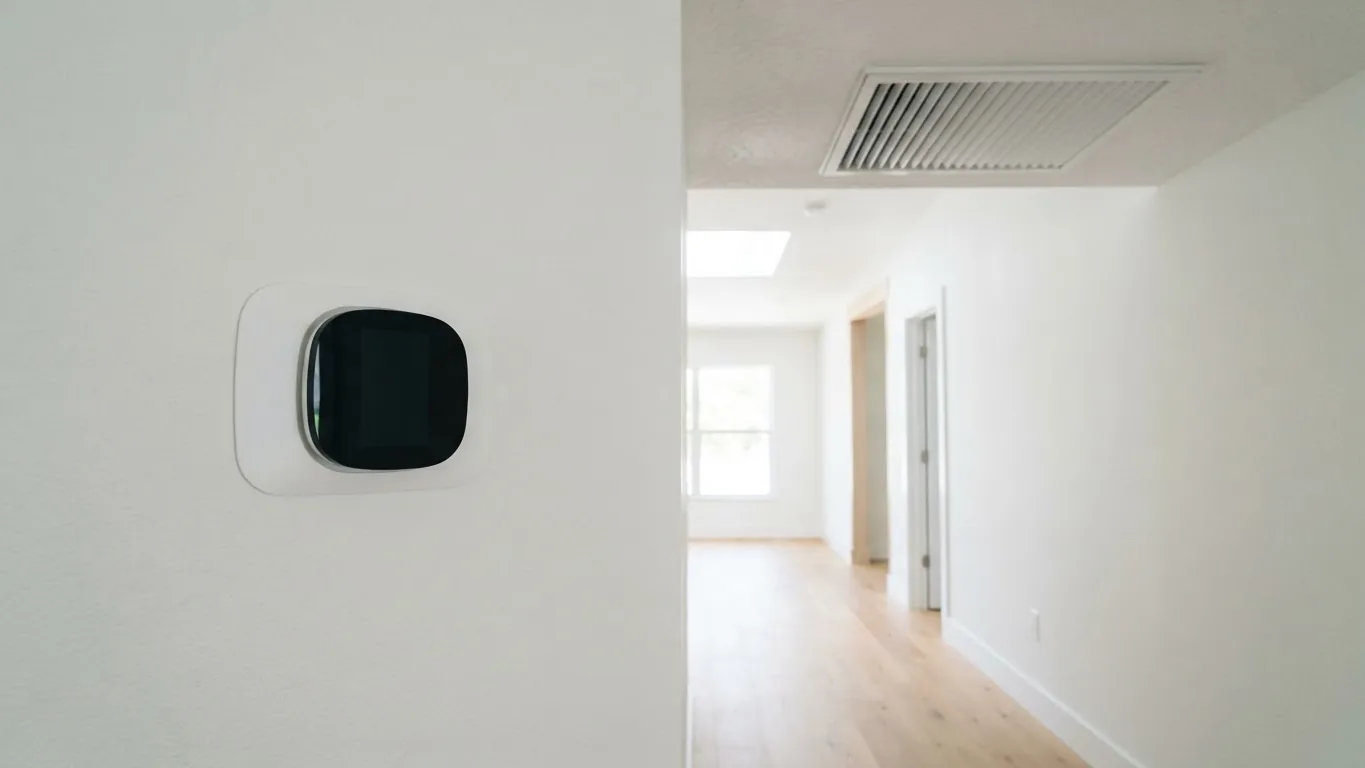 Wall thermostat and ceiling air vent in a bright modern Florida home