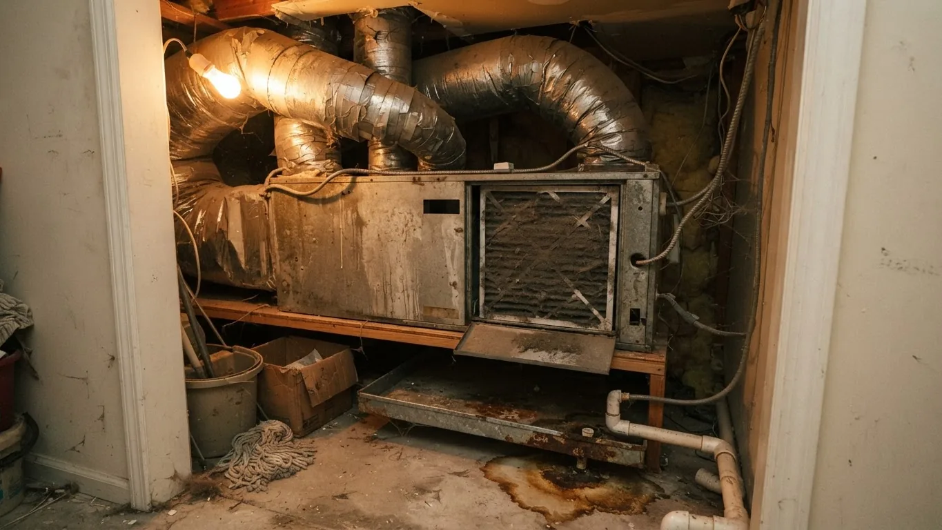 Aging indoor air handler with a dusty filter and stained drain pan in a utility closet