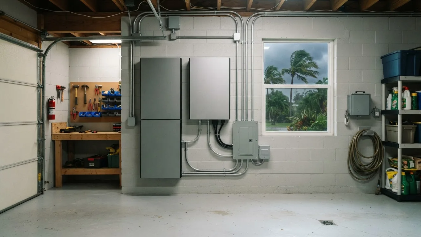 Wall-mounted home battery storage units in a Florida garage with stormy skies outside