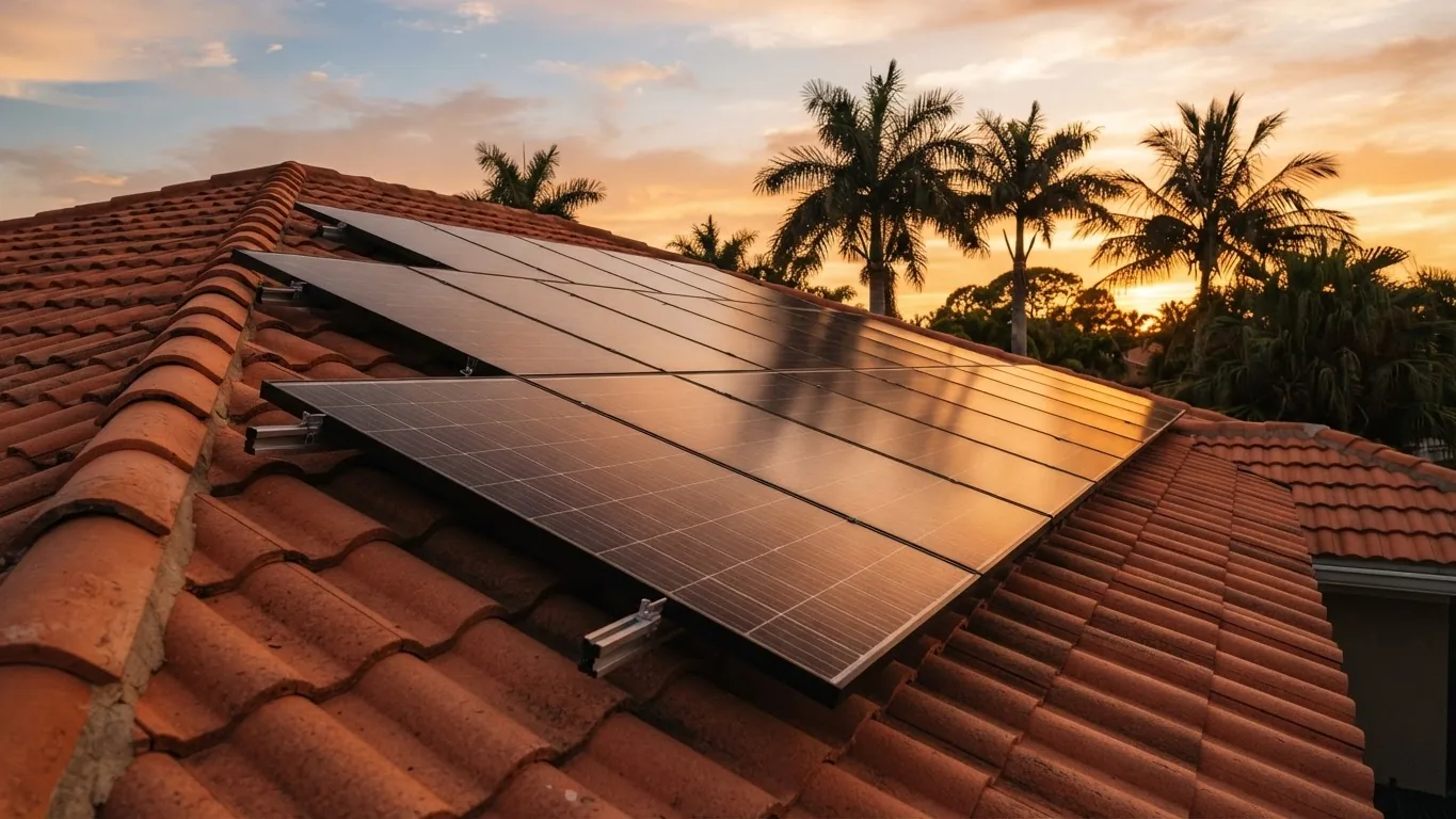 Rooftop solar panels on a Florida tile roof at sunset with palm silhouettes