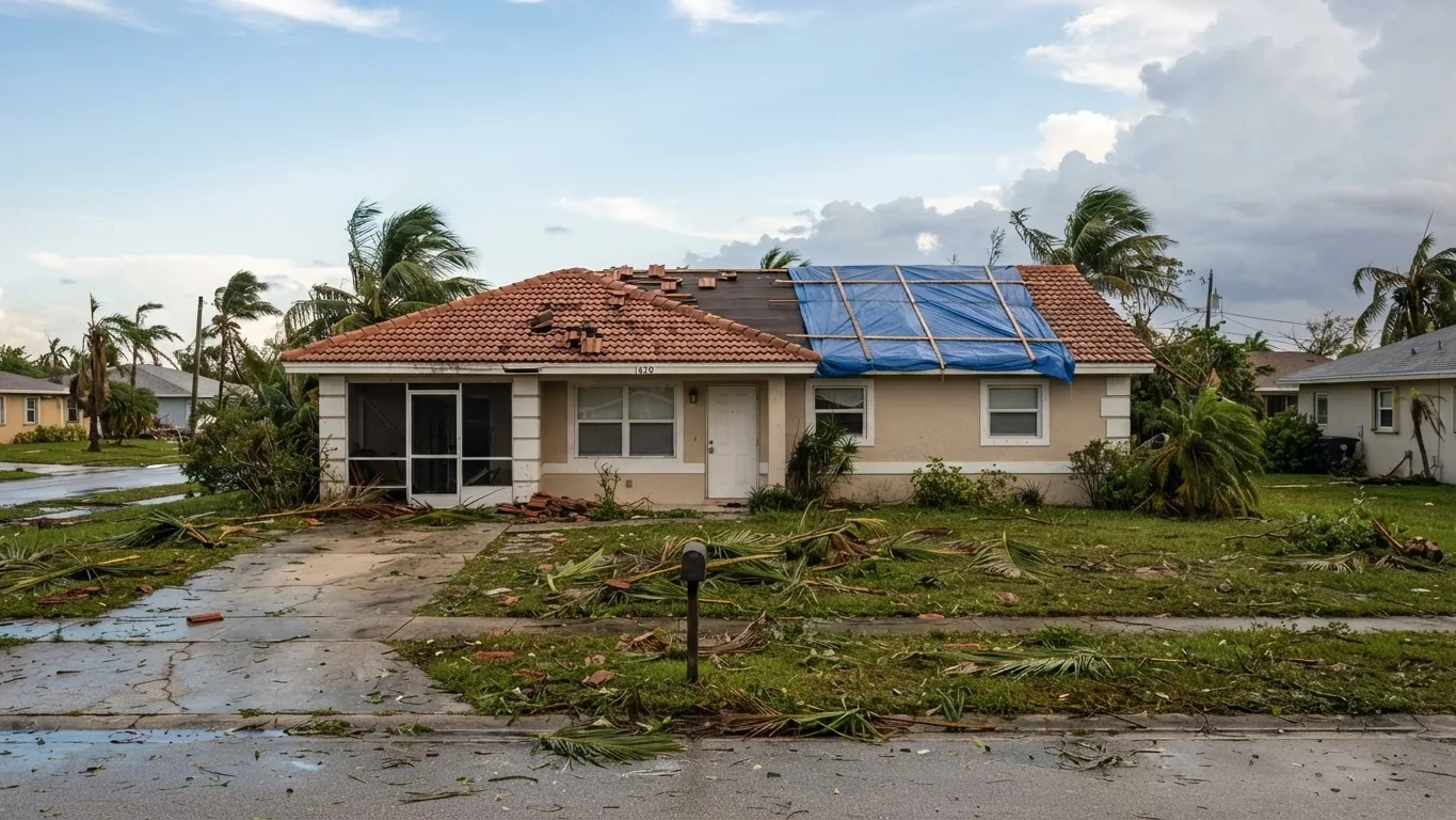 Florida house after a tropical storm with a blue tarp over damaged roof tiles and palm fronds on the lawn