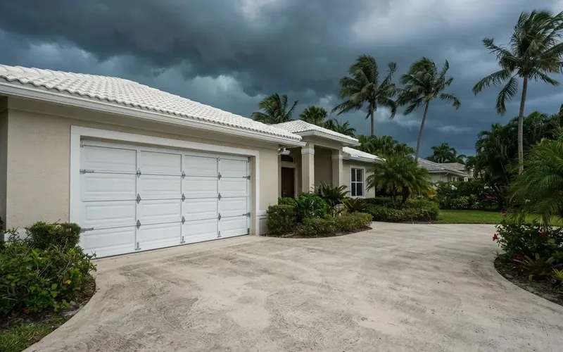 White garage door on a single-story South Florida home with a wide driveway