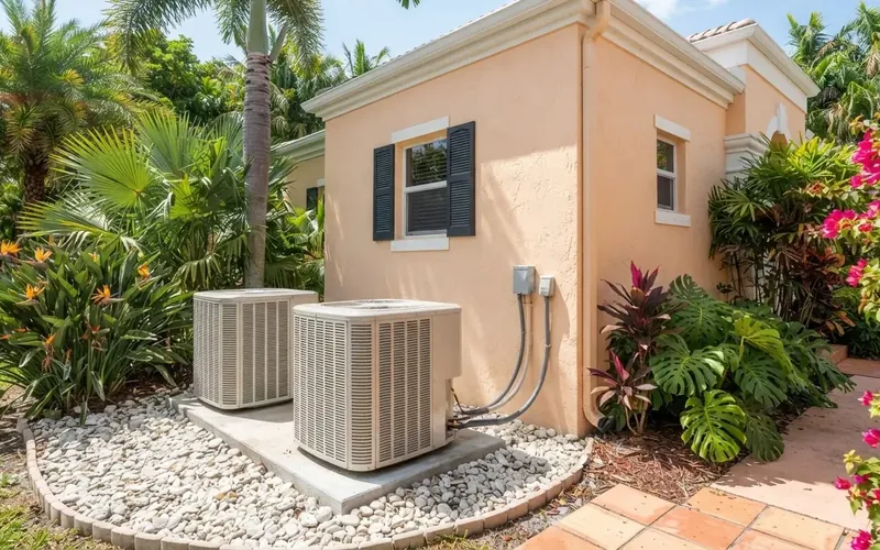 Outdoor AC condenser units beside a South Florida home surrounded by tropical plants