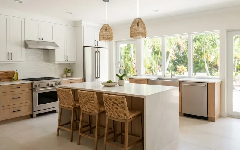 Bright remodeled kitchen with white cabinets, an island and pendant lights