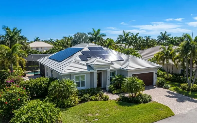 Aerial view of a South Florida home with solar panels on the roof