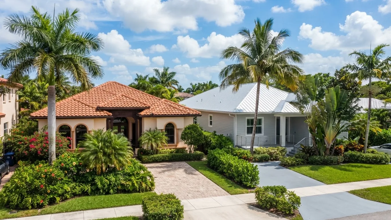 Neighboring Florida homes with a clay barrel tile roof and a standing-seam metal roof