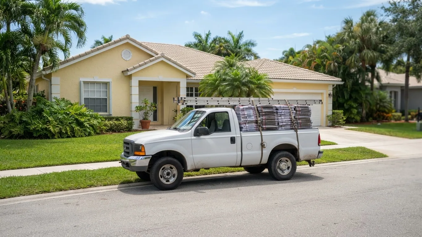 Work truck loaded with shingle bundles and ladders parked outside a Florida home