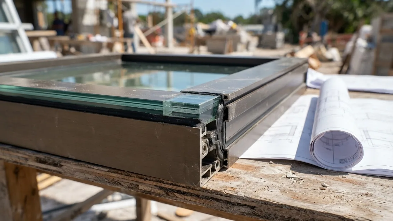 Close-up of an impact window frame showing laminated glass layers beside rolled blueprints