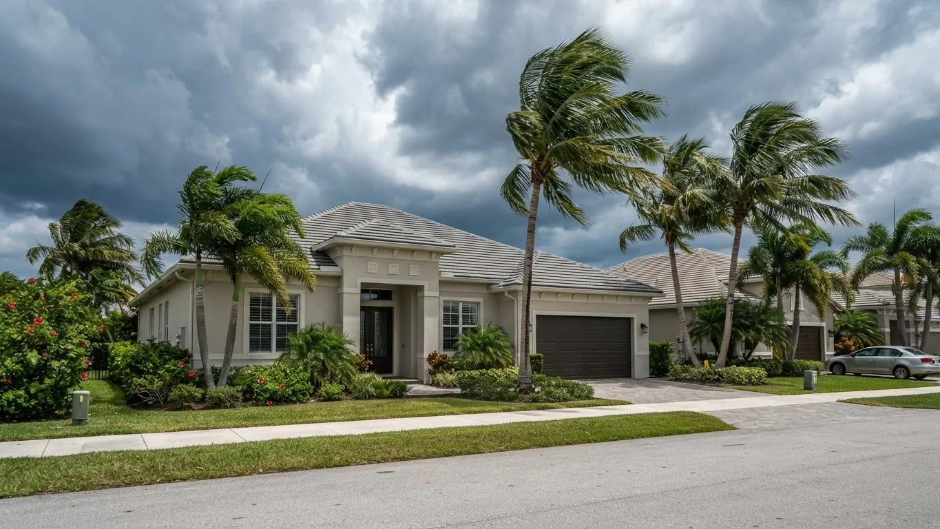 Hip-roof Florida concrete block home with impact windows and palms bending in the wind